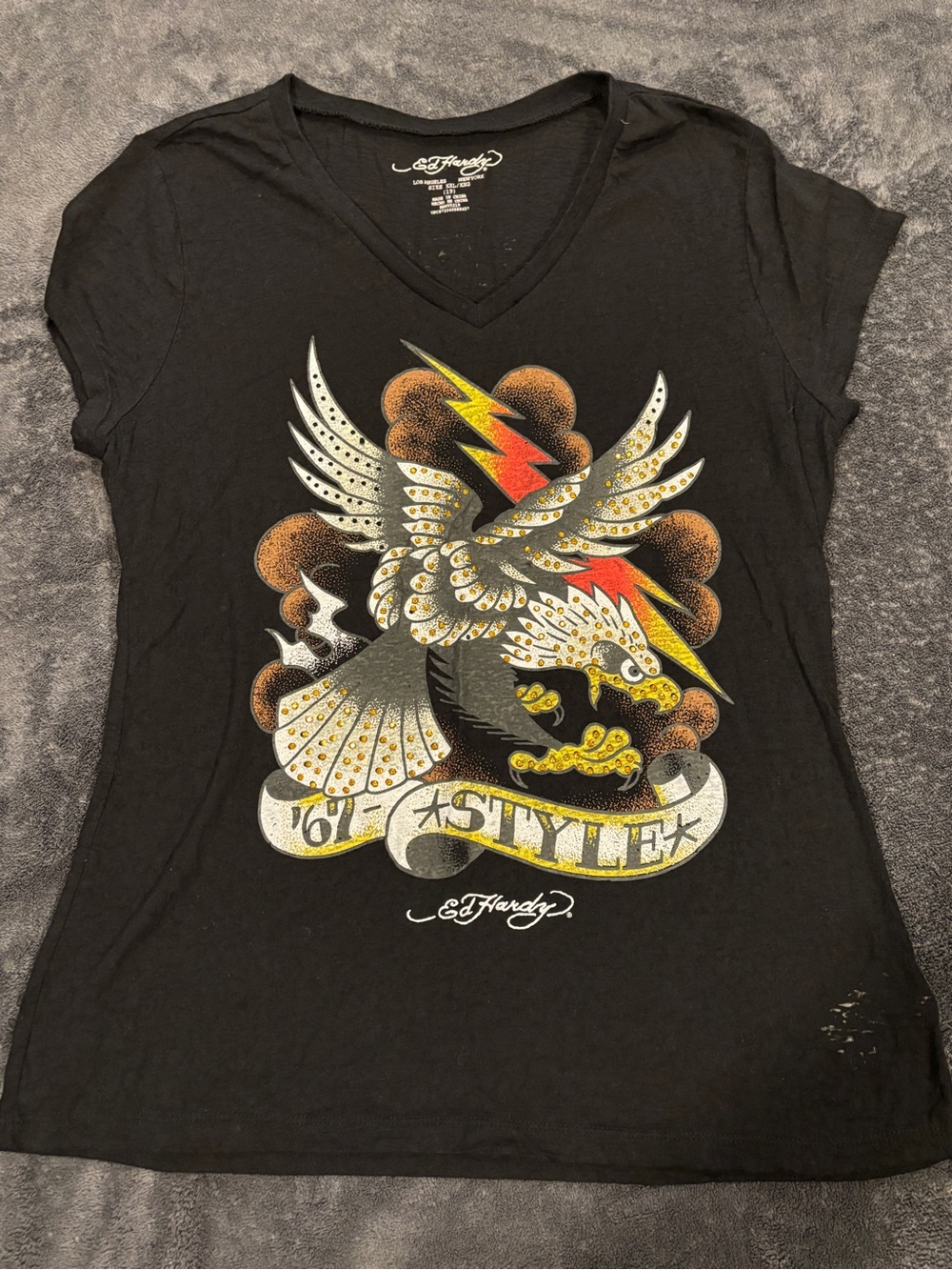 Ed Hardy Women's Eagle Graphic Black V-Neck Slim Fit T-Shirt Size XL
